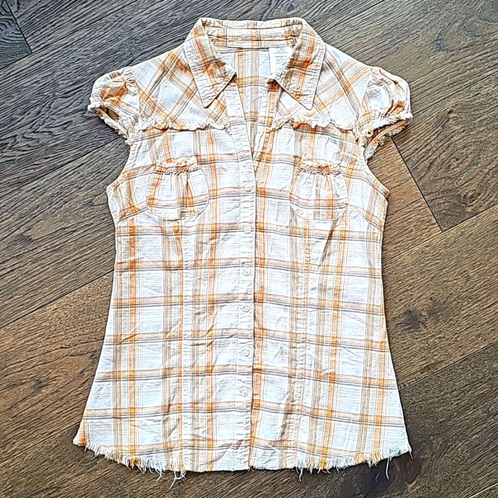 PEACH PLAID FRAYED WESTERN WEAR SIZE SMALL